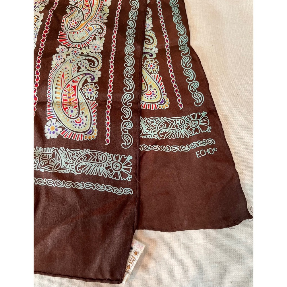 Echo Vintage Silk Scarf Brown Paisley Floral Rectangular Oblong Accessory